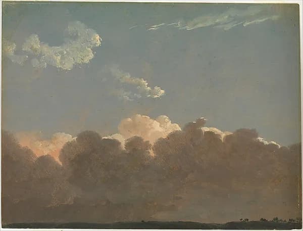 Simon Denis's oil sketch of a distant storm: a dark bank of cloud lit from behind under a clear blue sky