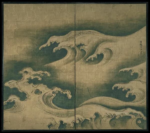 Ogata Kōrin's Rough Waves: cresting waves in ink and gold across a two-panel folding screen