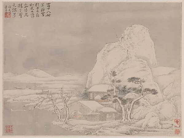 Ye Xin's ink landscape of a snow-covered mountain, bare trees and a quiet river, with poems inscribed above