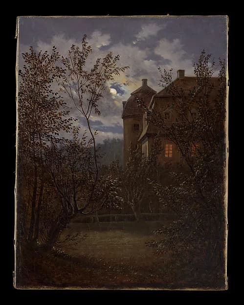 Carl Gustav Carus's painting of a dark house with one lit window under a moonlit, clouded night sky