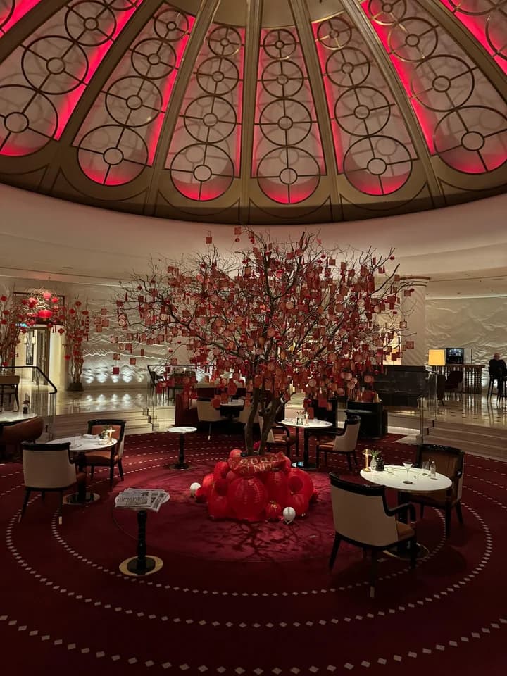 A red tree installation beneath a domed ceiling, from Anne-Sophie’s Midnight in London carousel